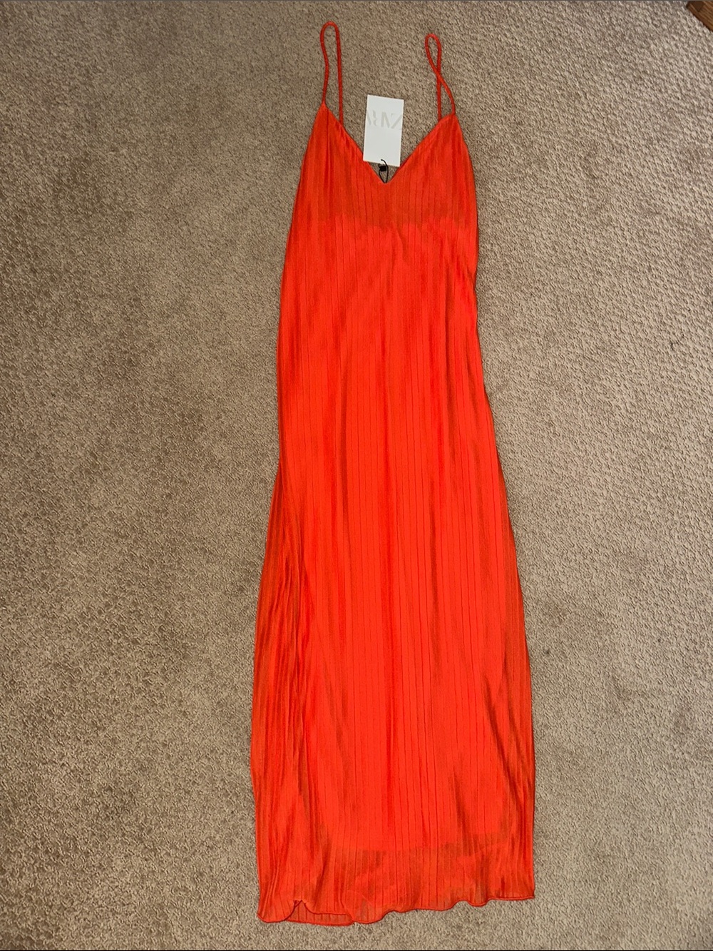 Zara Vibrant Orange Pleated Slip Maxi Dress